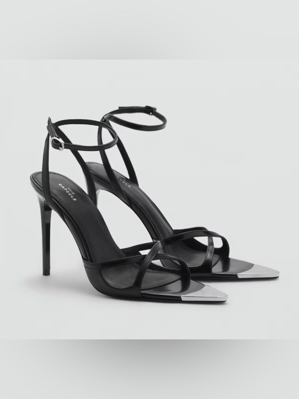 Mango Capsule Black Strappy Stiletto Sandals with Silver Pointed Toe